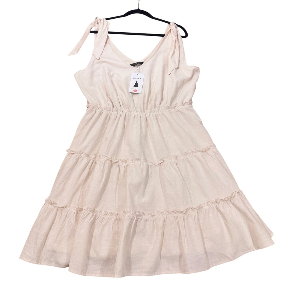 ZESICA Women Beige Tiered Mini Dress Tie Shoulder Sleeveless XL NWT